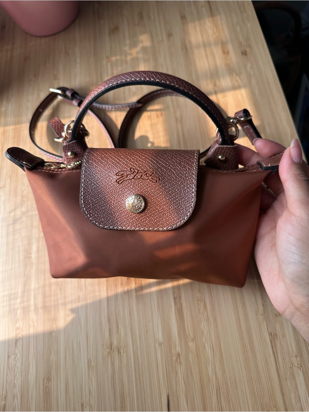 Longchamp original le pliage mini cognac brown color with strap - Picture 3 of 10